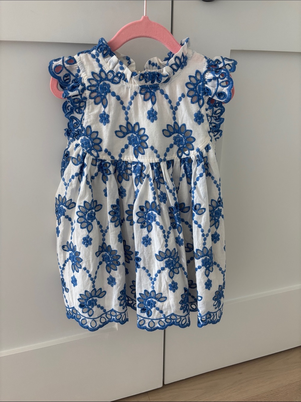 Pink Chicken White Dress with Blue Floral Embroidery
